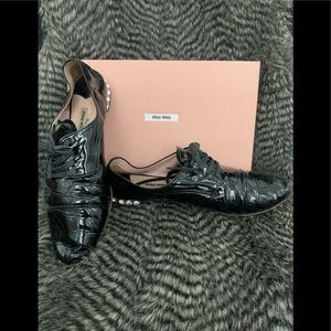 MIU MIU Patent Leather Crystal Heel Oxford Flats